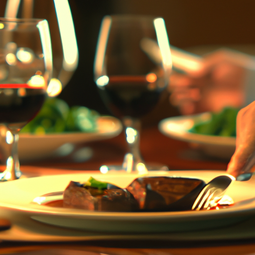 hands cutting steak with red wine glass pairing in a nice dining table